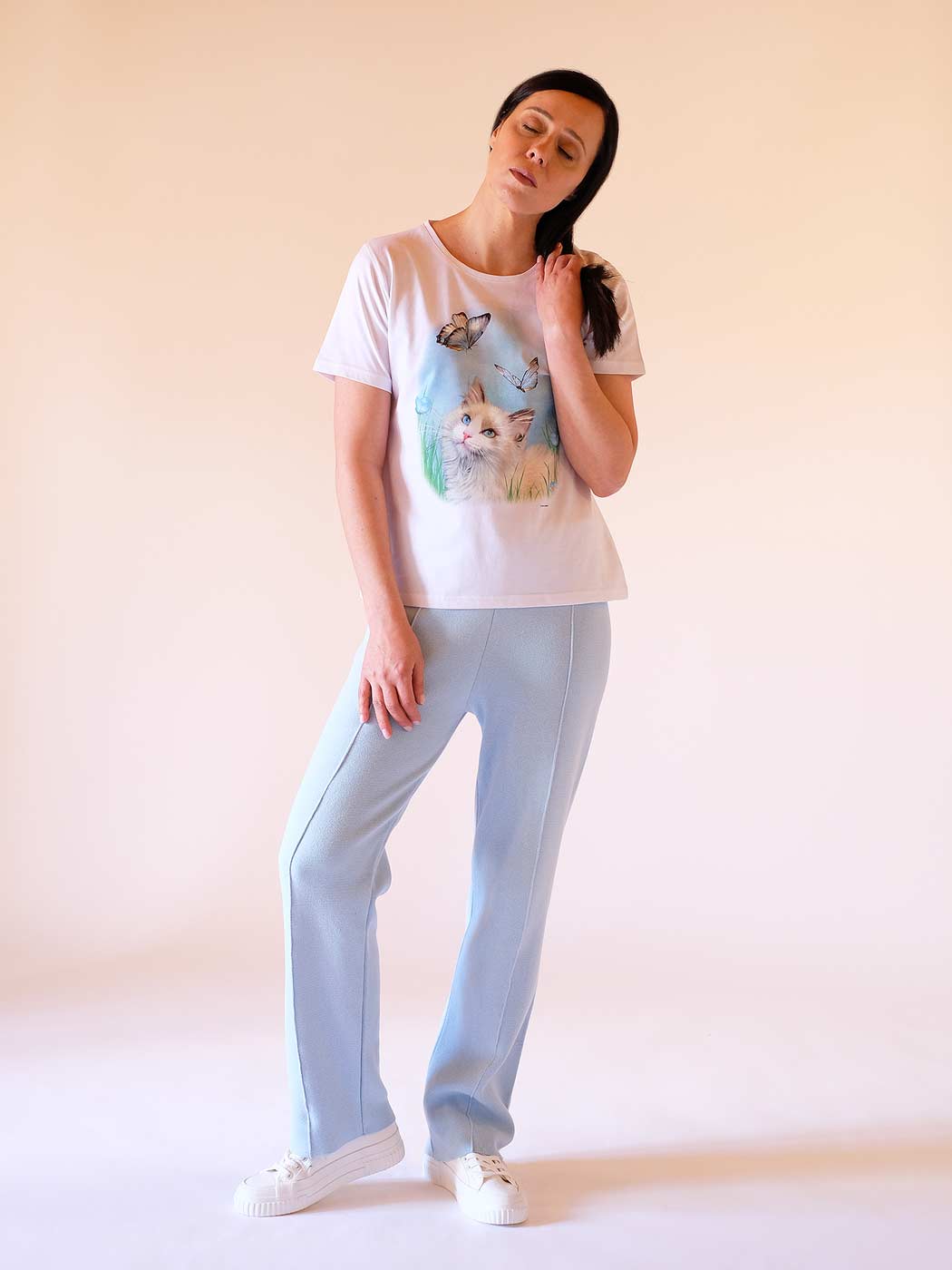 T-shirt Rag Doll Cat com Borboletas em 100% Algodão