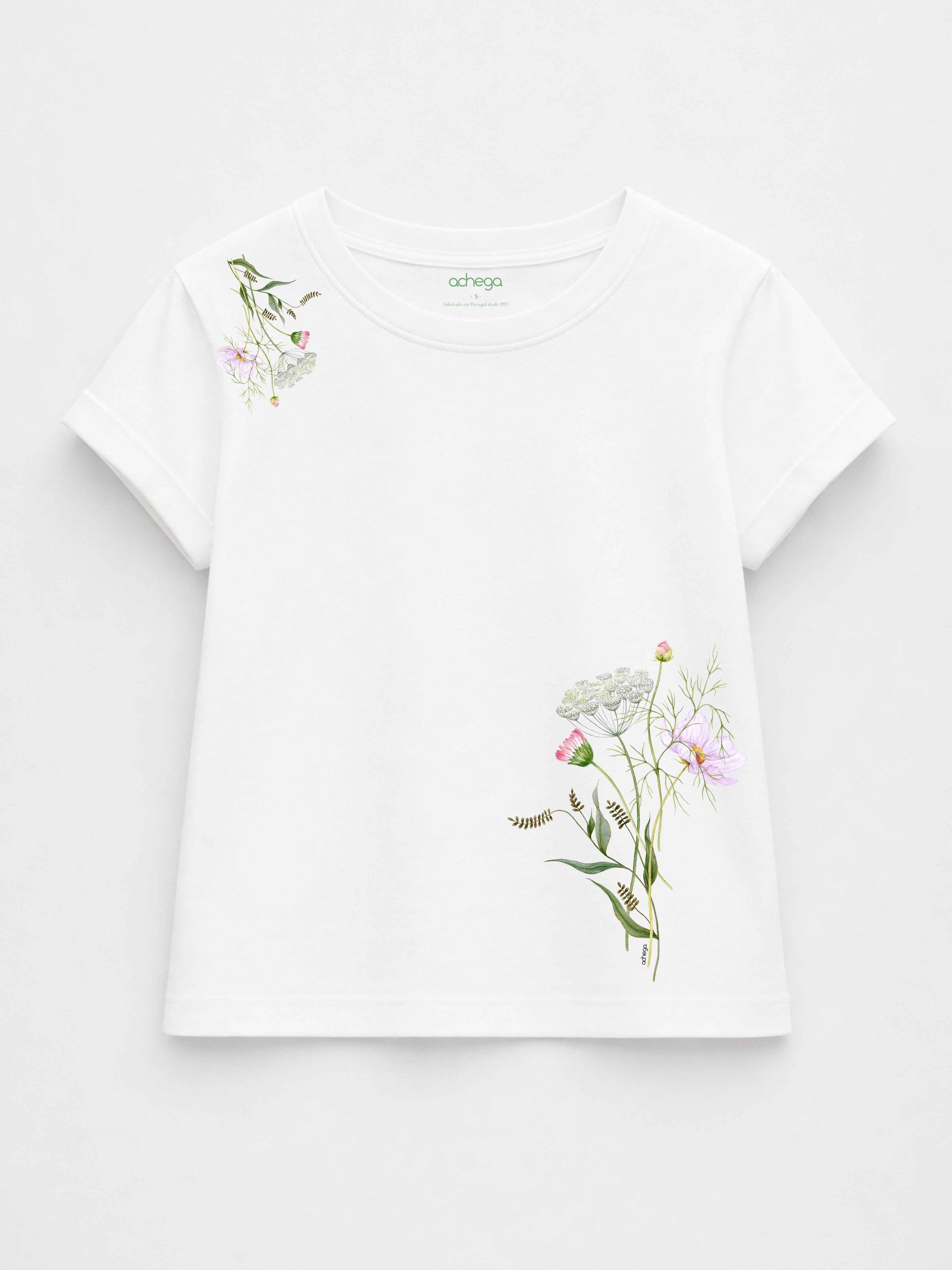 Camiseta Achega con estampado floral verde, 100 % algodón
