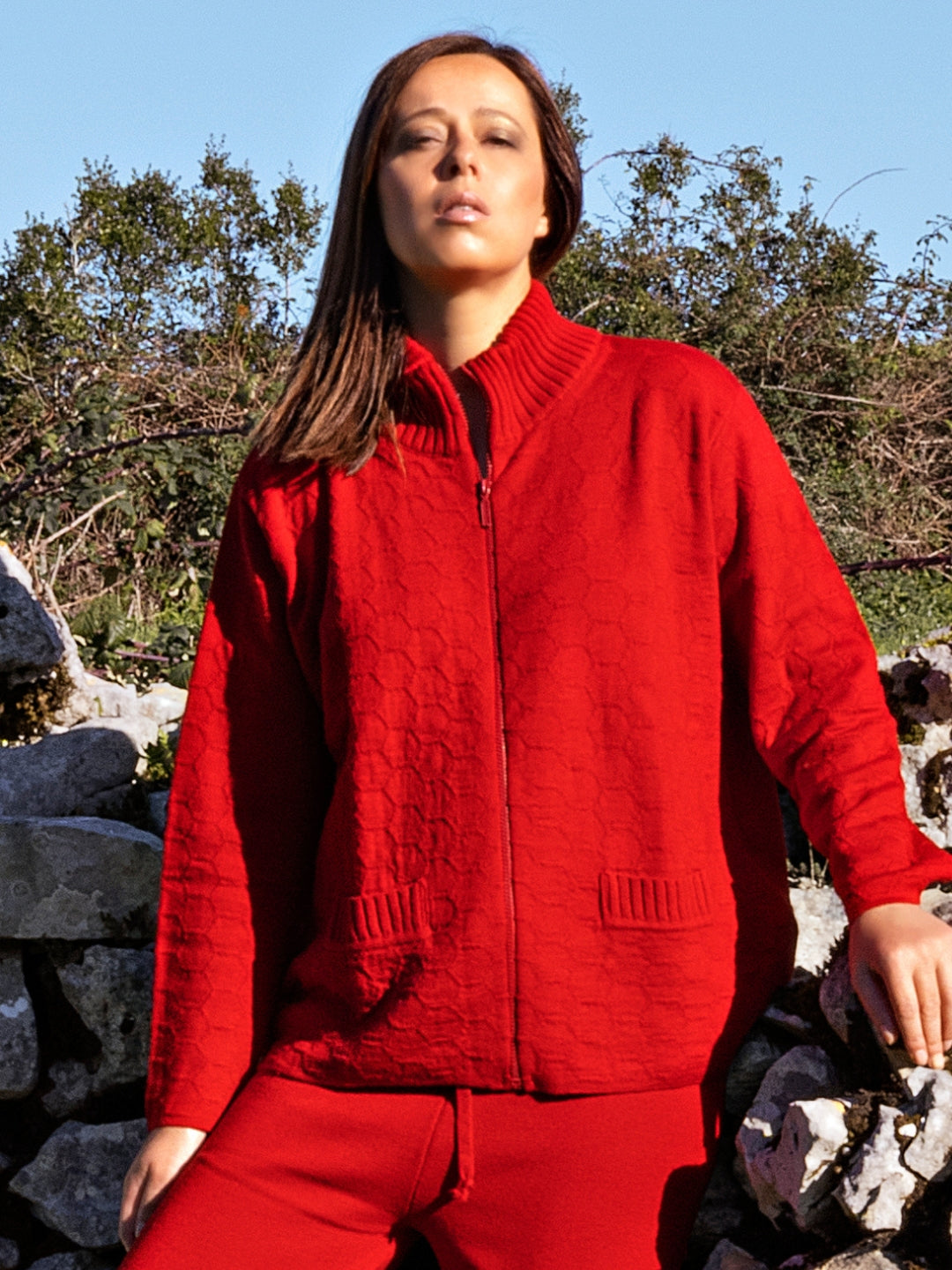 Red Merino Wool Cardigan with Half Collar and Structured Hive Closure