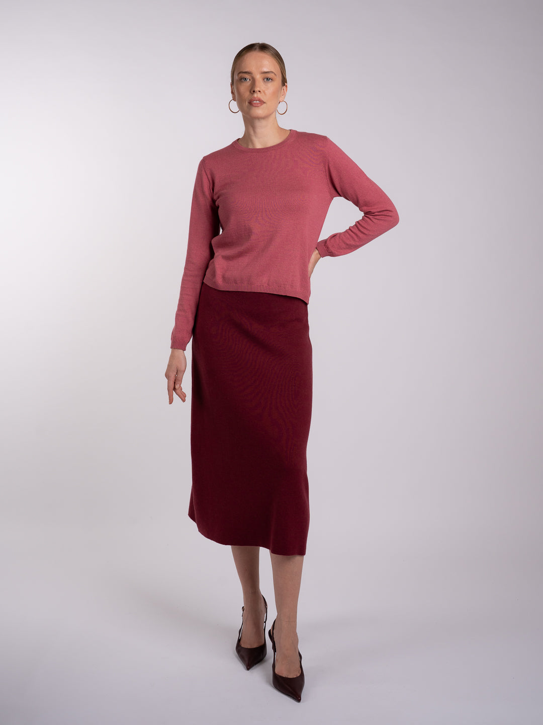 Camisola de Manga Comprida em Lã Merino e Algodão Orgânico Rosa Coral
