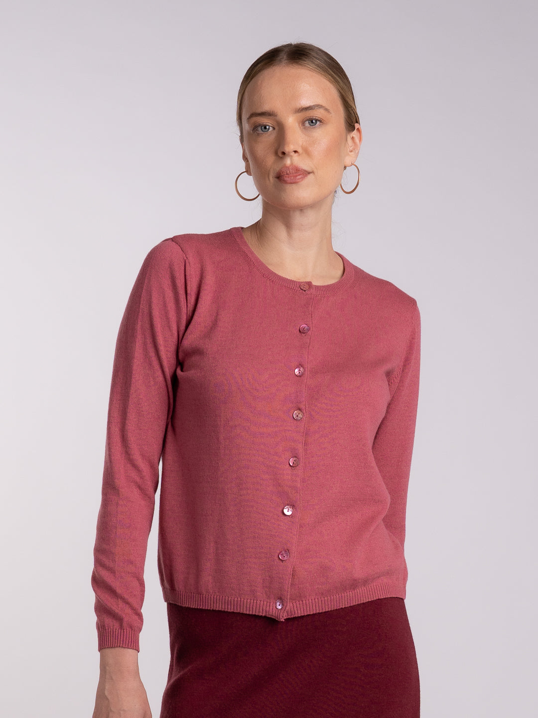 Casaco de Decote Redondo em Lã Merino e Algodão Orgânico Rosa Coral