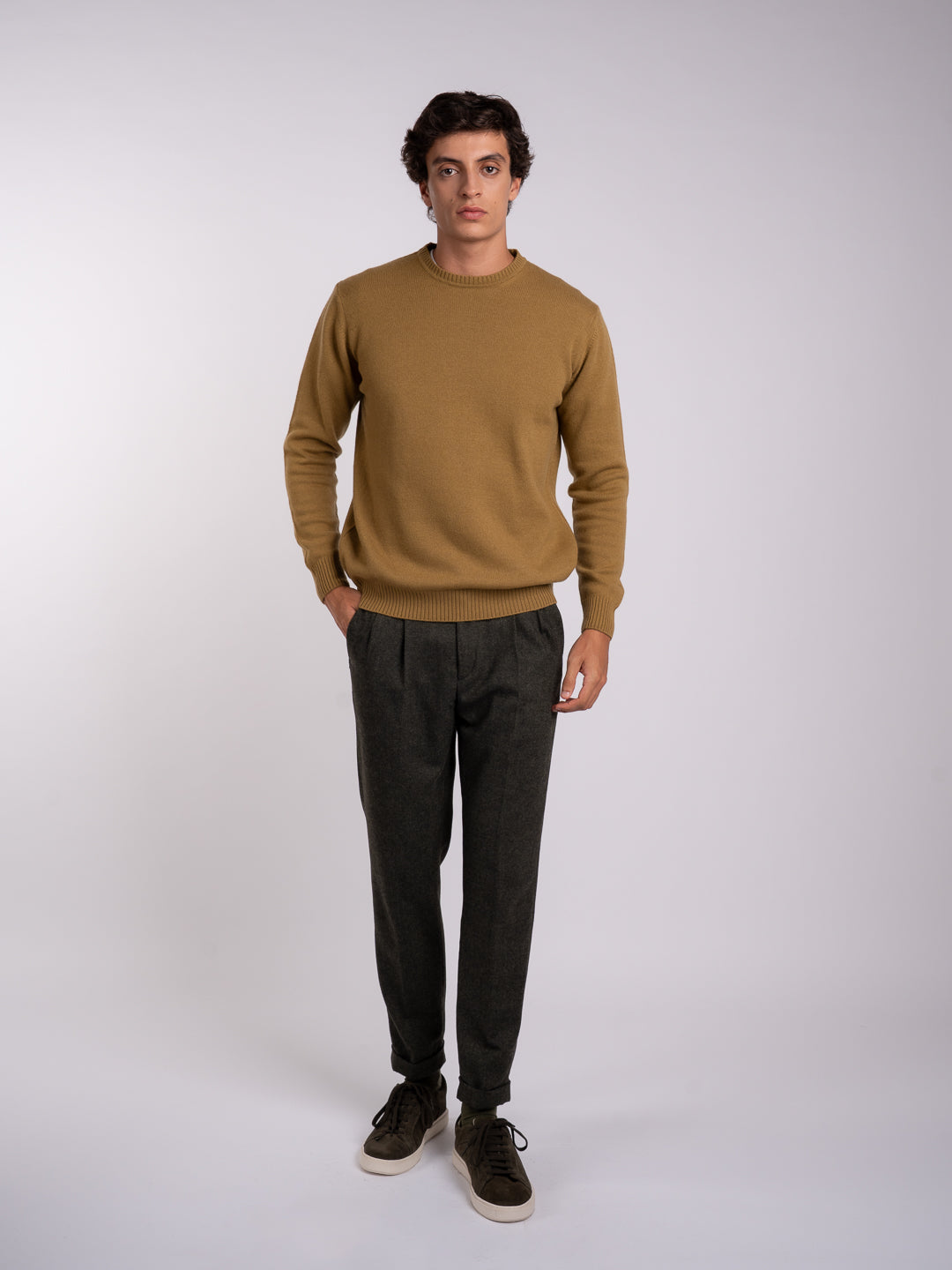 Men's khaki green sweater made of two-ply jersey knit