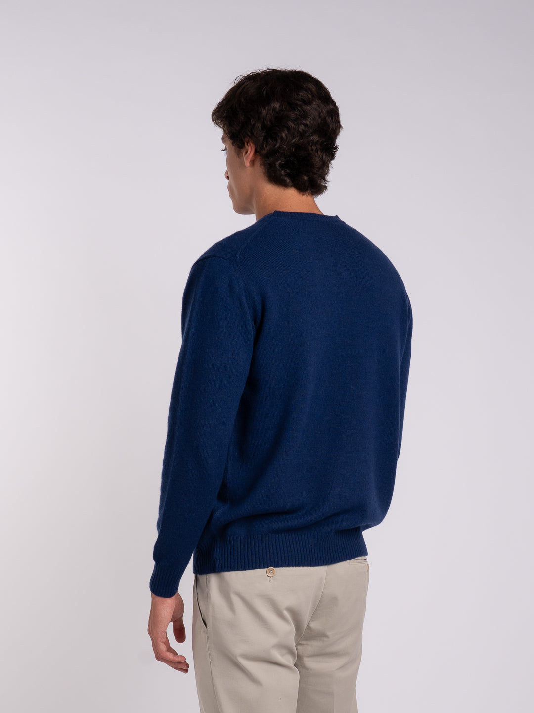 Back view of the men's midnight blue cashmere and merino wool pullover