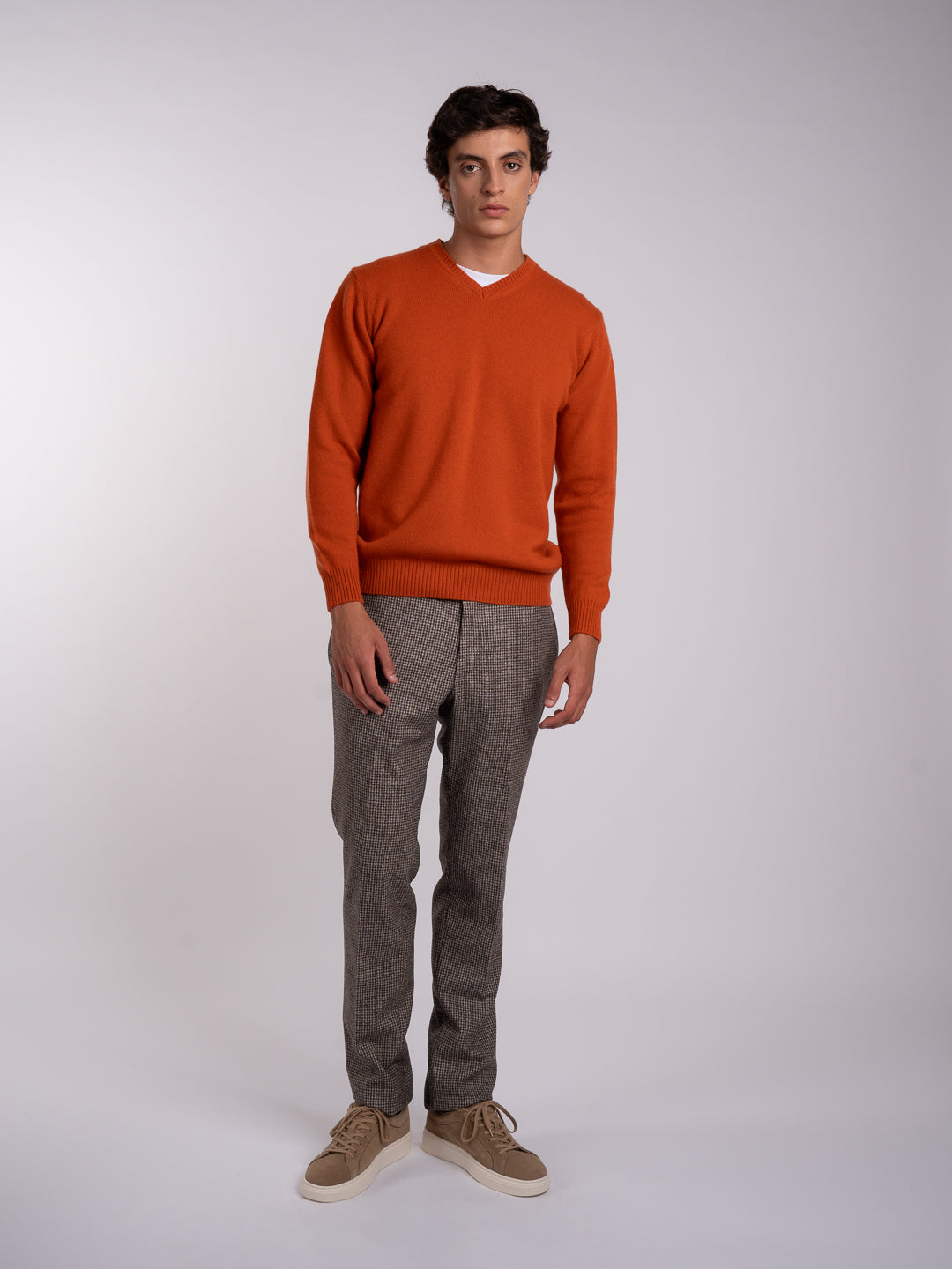 Men's terracotta orange sweater with a V-neck and a regular fit