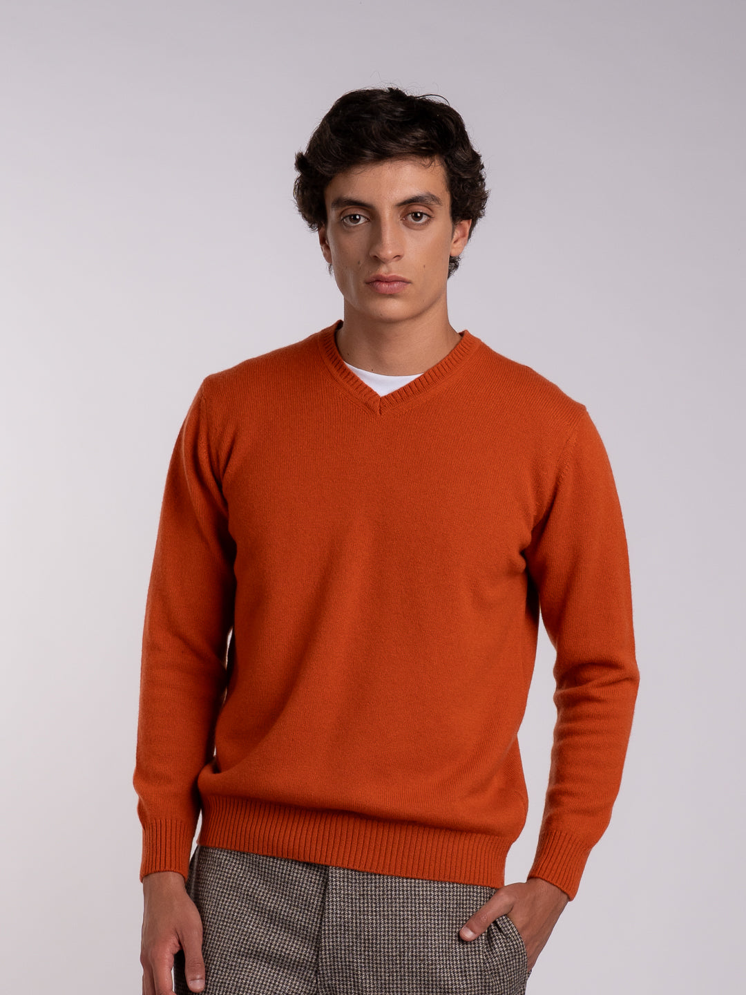 Men's terracotta-orange pullover made of cashmere and merino wool