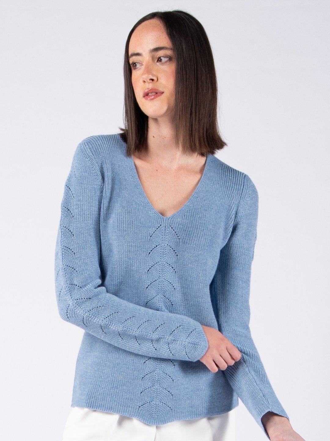 Merino Wool V-Neck Sweater with Herringbone Pattern - Baby Blue