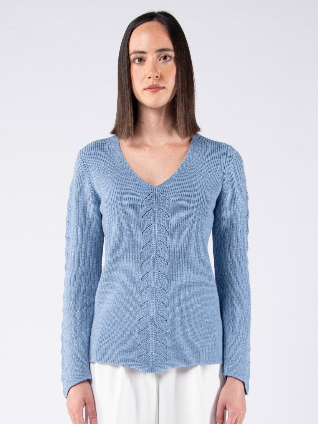 Merino Wool V-Neck Sweater with Herringbone Pattern - Baby Blue