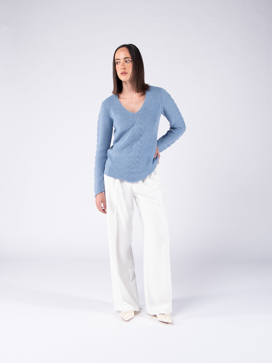Merino Wool V-Neck Sweater with Herringbone Pattern - Baby Blue