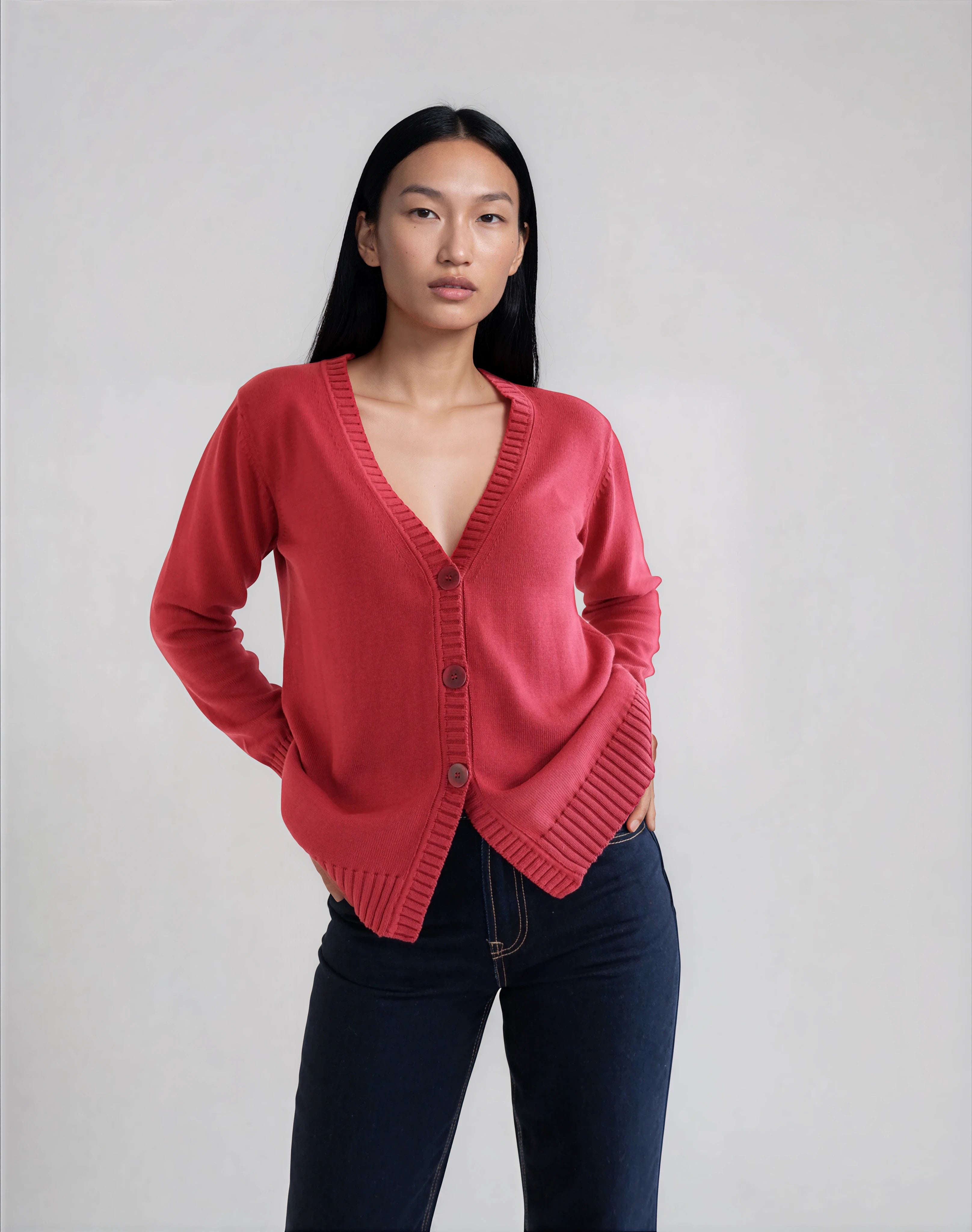 Cherry-Colored V-Neck Sweater in GOTS-Certified Organic Cotton