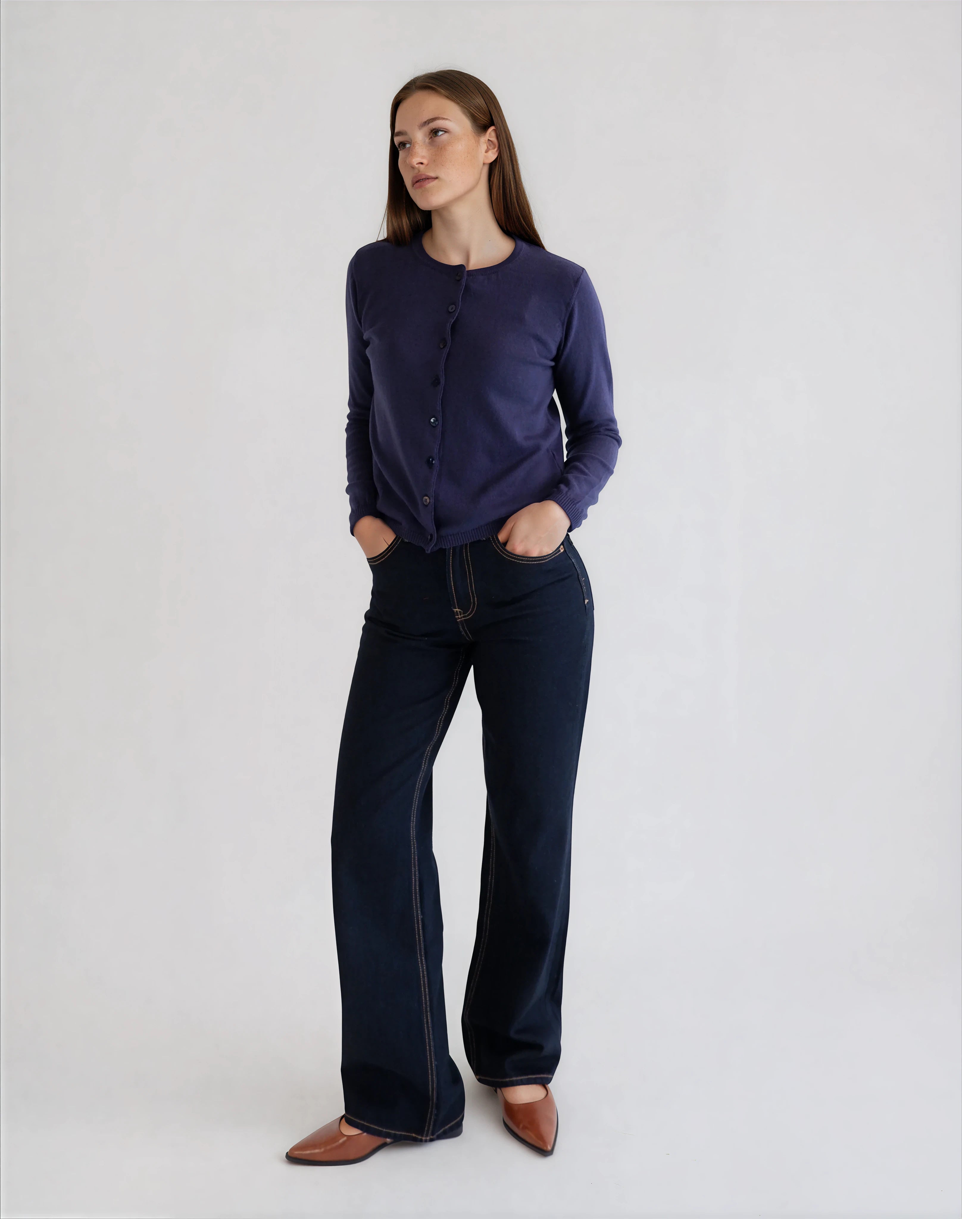 Round Neck Cardigan in Merino Wool and Organic Cotton