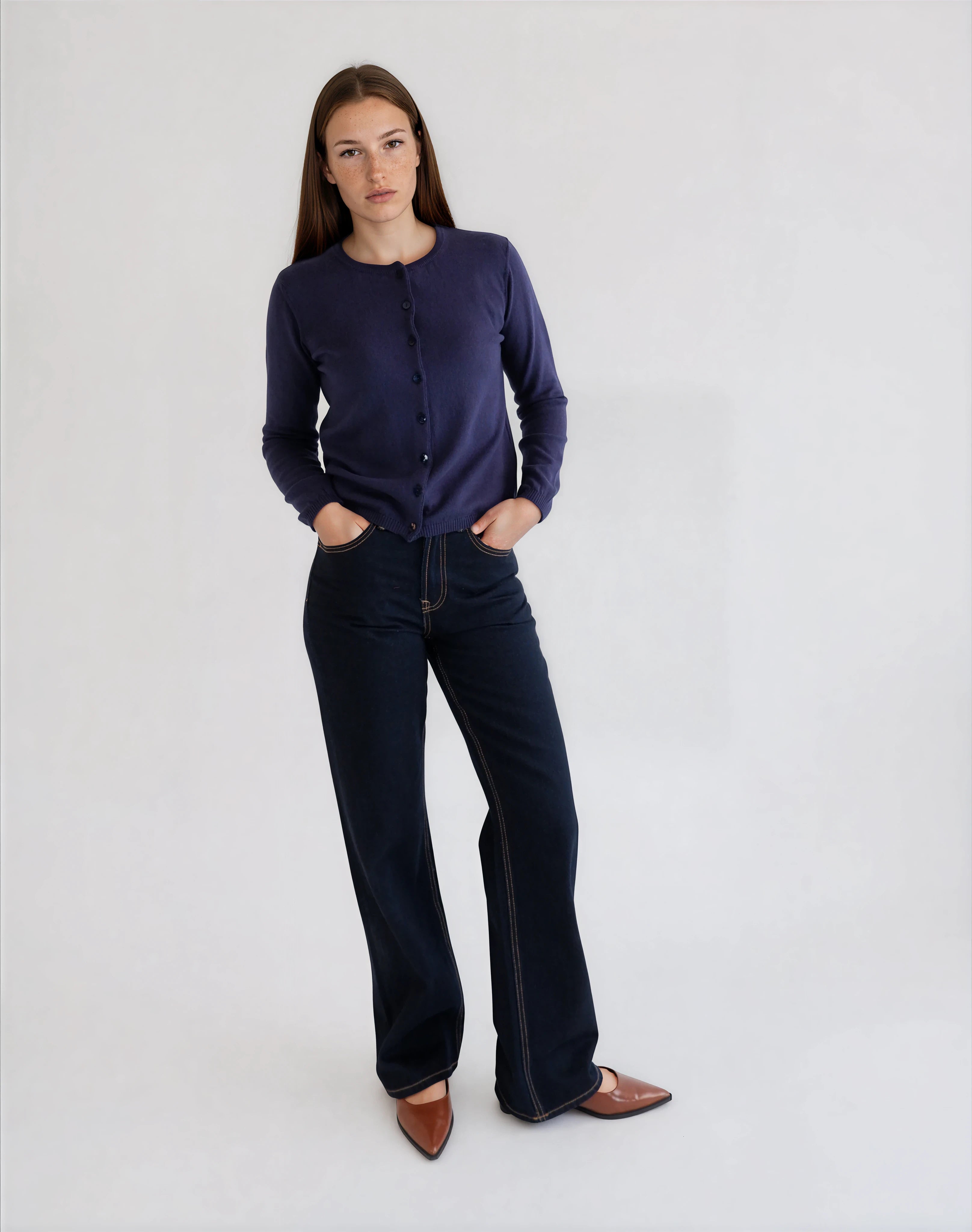 Round Neck Cardigan in Merino Wool and Organic Cotton