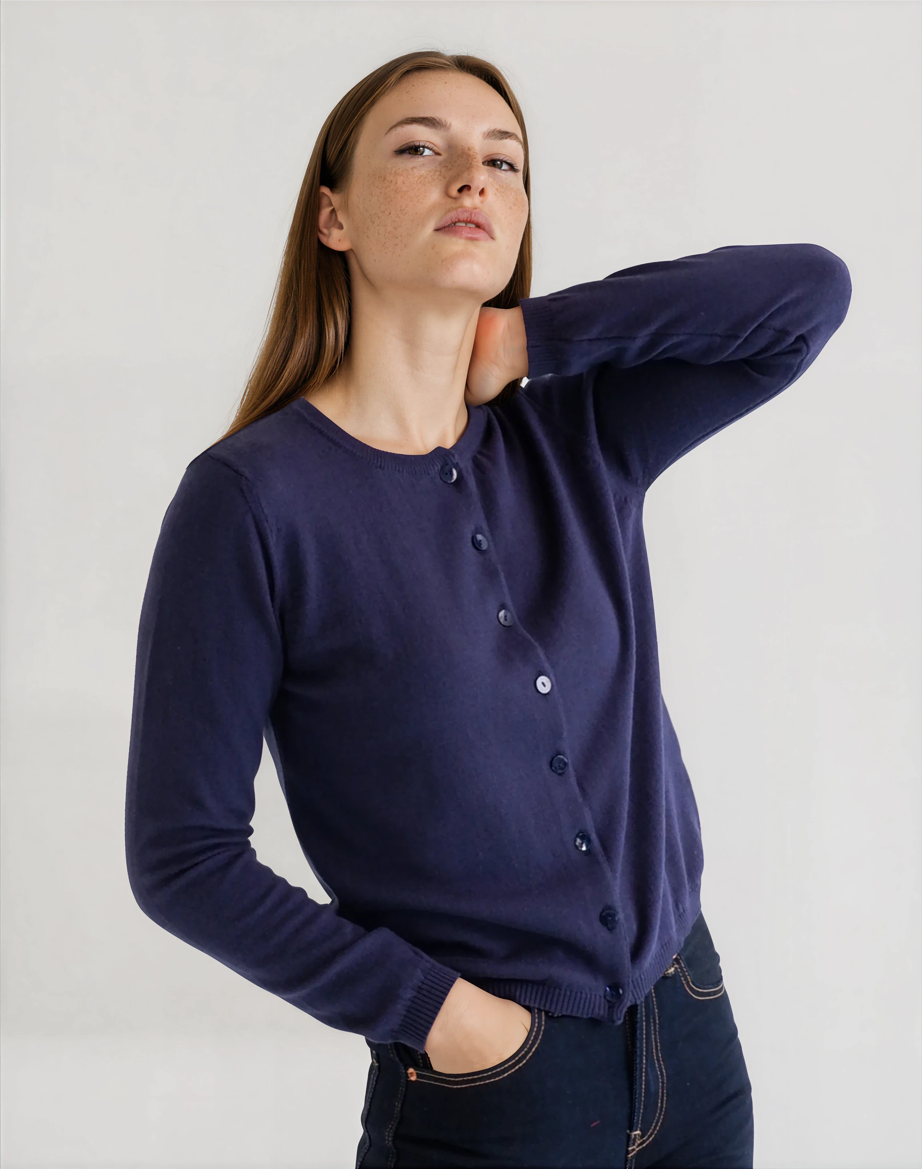 Round Neck Cardigan in Merino Wool and Organic Cotton