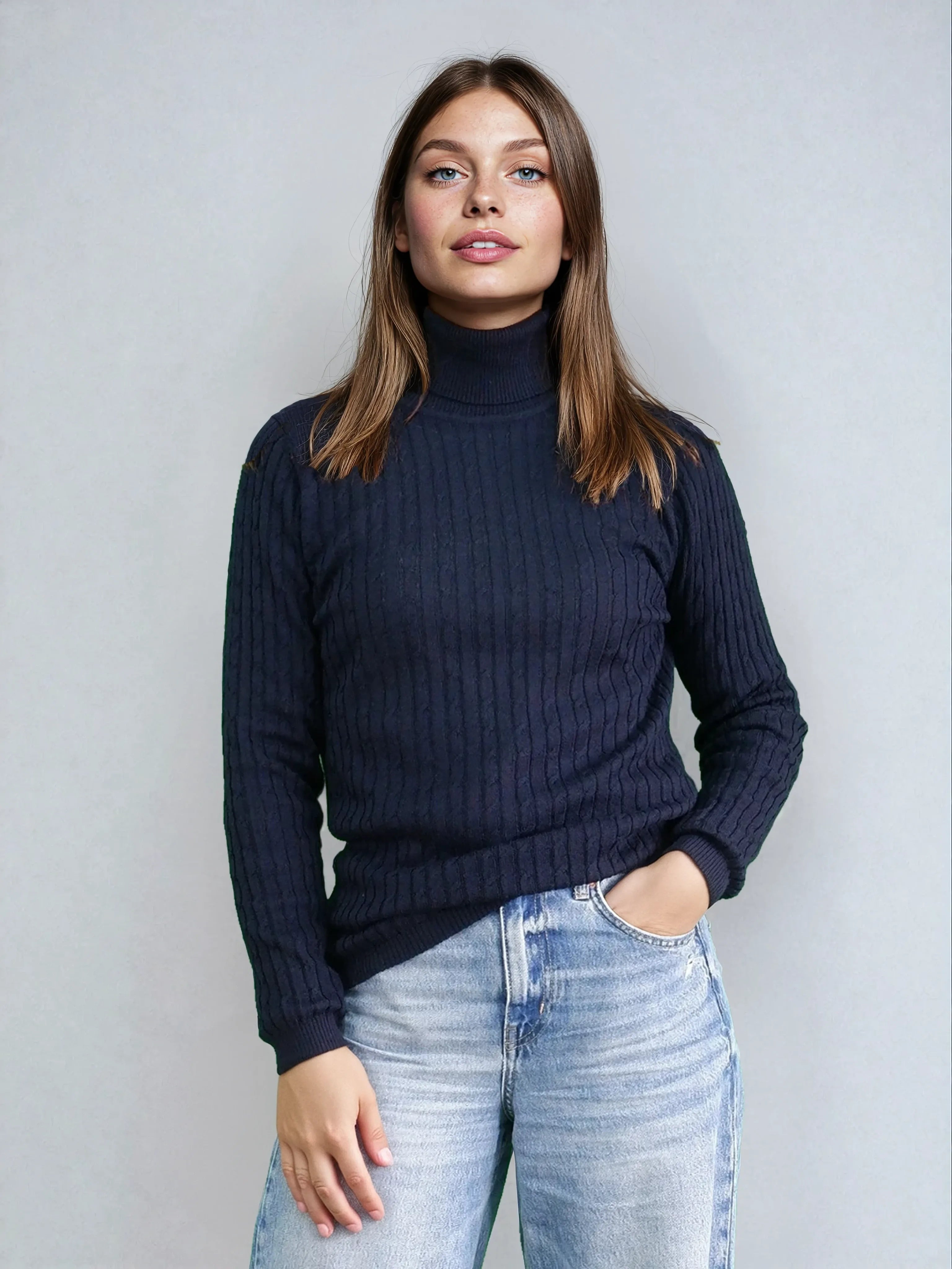 Structured Merino Wool Turtleneck Sweater - Navy Blue